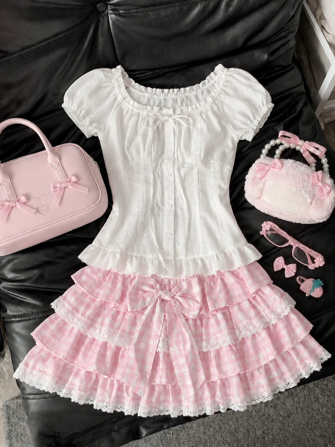 Ingvn  American Vintage Y2K 2‑Piece Sets Japanese Kawaii Crop Top Blouse and Mini Skirts Sweet Holiday Casual Outfits for Women