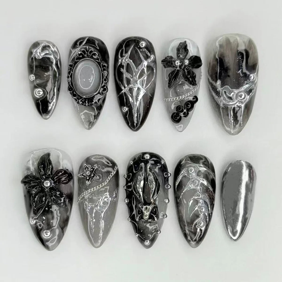 Ingvn  24Pcs Gothic Dark Red Press on False Nails Y2k Reusable Almond Nails Set with Silver Ripples Pattern Cool Fake Finger Nail Tip