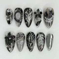 Ingvn  24Pcs Gothic Dark Red Press on False Nails Y2k Reusable Almond Nails Set with Silver Ripples Pattern Cool Fake Finger Nail Tip