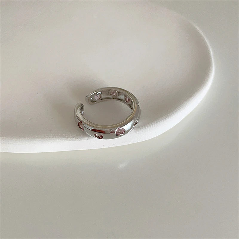 Ingvn  Pink Crystal Irregular Heart Rings Creative Zircon Bowknot Opal Love Heart Open Ring Y2K Shiny Rings for Women Party Jewelry