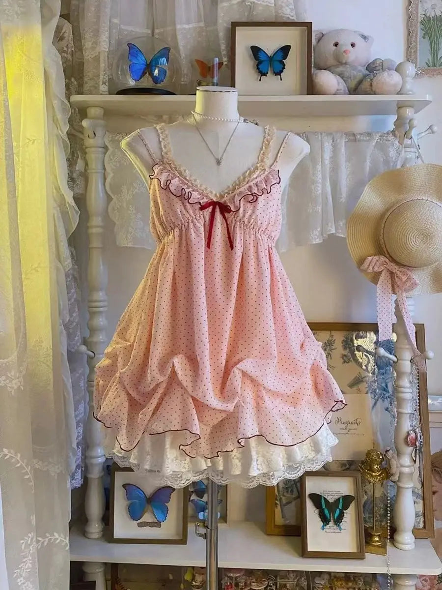 Ingvn  Summer New Harajuku Sweet 2 Piece Set Y2k Dot Strap Mini Dress Tops Lace Cardigan Vintage Style Set Woman Chic