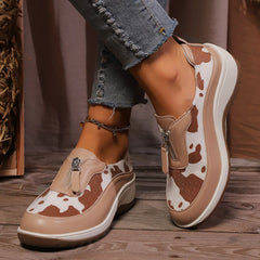 Ingvn  Women's Leopard Print Wedge Sneakers Fashionable Front Zipper Thick Sole Vulcanized Shoes Woman Casual Comfortable Sport Shoes