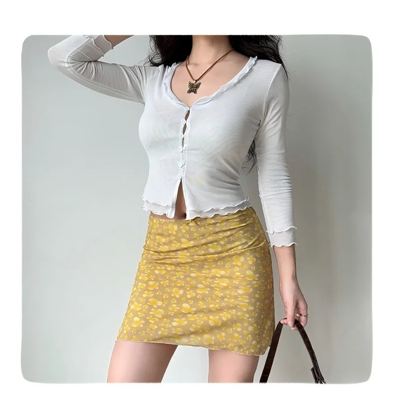 Ingvn  Yellow Butterfly Print Short Skirt Women Hip Hugging Sexy American Retro Summer A Line