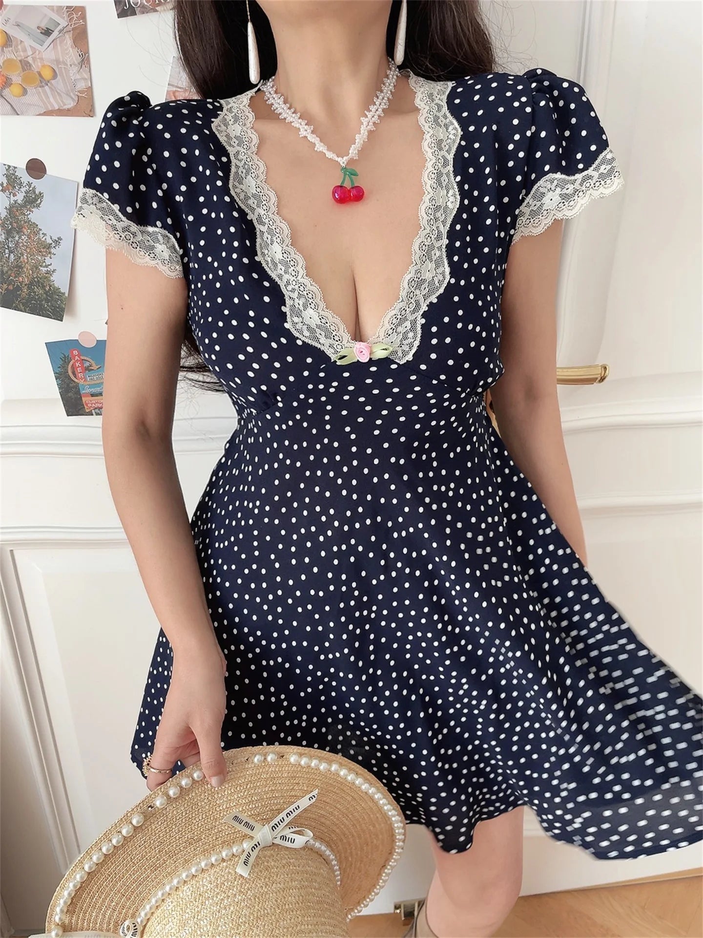 Ingvn  Chenopod Spring Summer Lace V-neck Bubble Sleeve Polka Dot Waist-cinching Holiday Dress Short A-line Skirt French Style Polye...