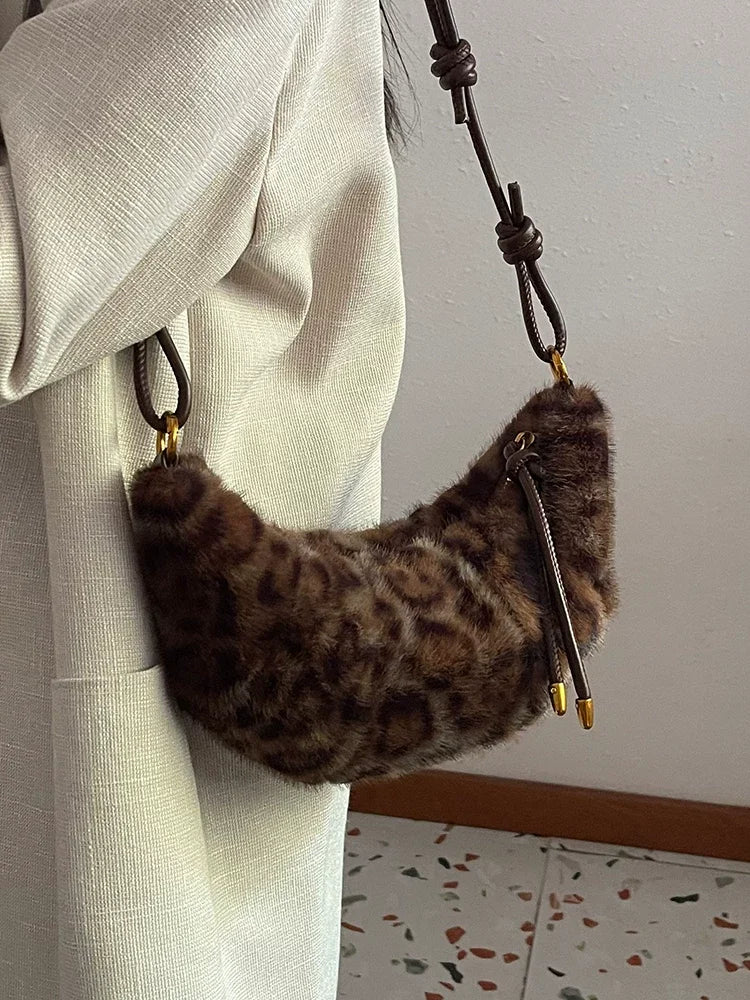 Ingvn - Leopard Plush Bag Faux Fur Bolsas Feminina  Fashion Commuter Bolsa Crossbady Bags for Woman Bolsos Mujer Croissant Sac Femme