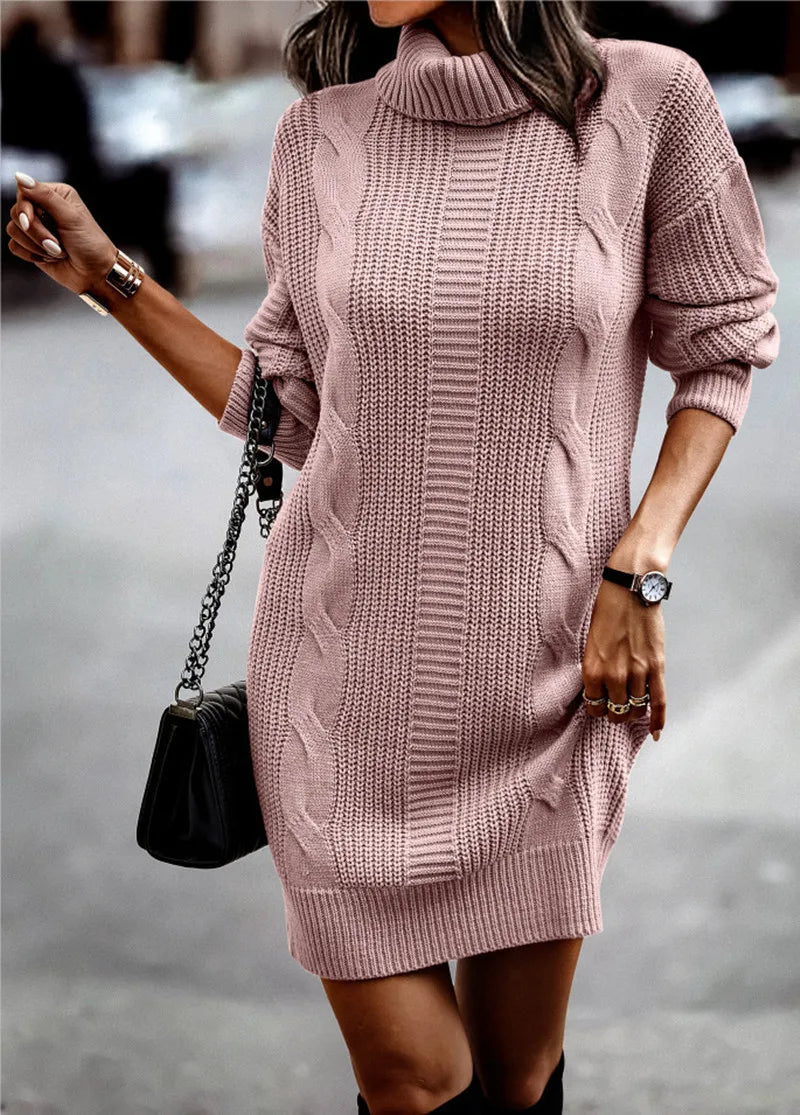 Ingvn  New Autumn Winter Solid Color High Collar Long Sleeve Hip-covered Sweater Women's Dress