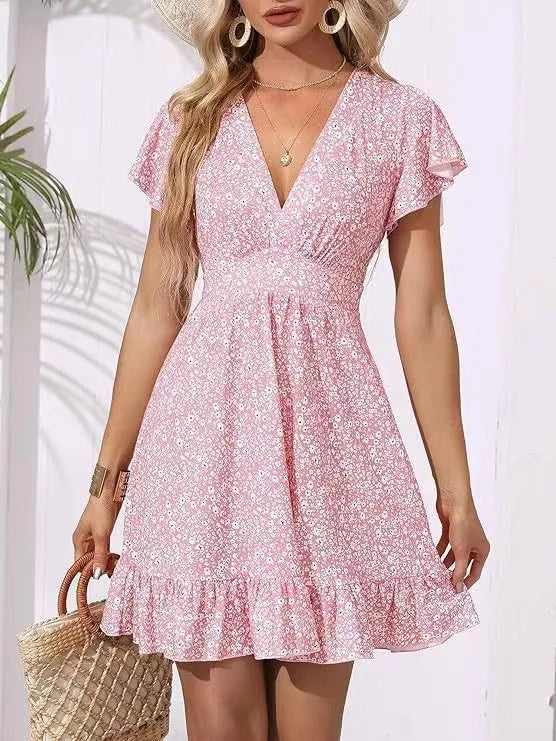 Ingvn  Summer V Neck Wrap Waist Floral Print Ruffle Hem Dress