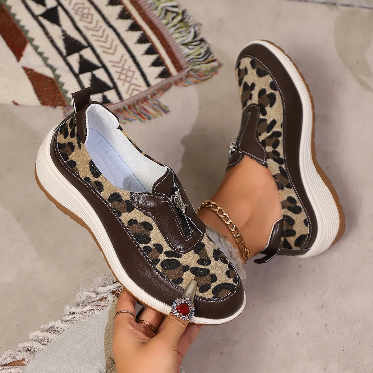 Ingvn  Women's Leopard Print Wedge Sneakers Fashionable Front Zipper Thick Sole Vulcanized Shoes Woman Casual Comfortable Sport Shoes