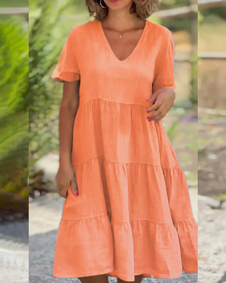 Ingvn  New European and American Summer Women's Clothing Fresh and Sweet V-neck Solid Color Large Sway Casual Skirt Dress