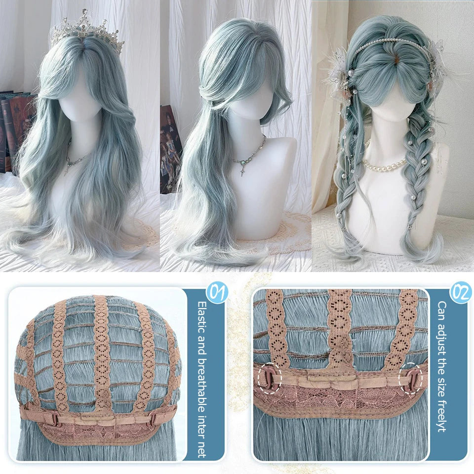 Ingvn - Long Wavy Ombre Blue Wig Synthetic Natural Lolita Wig Orange Green Halloween Cosplay Costume Wig for Women Daily Wear