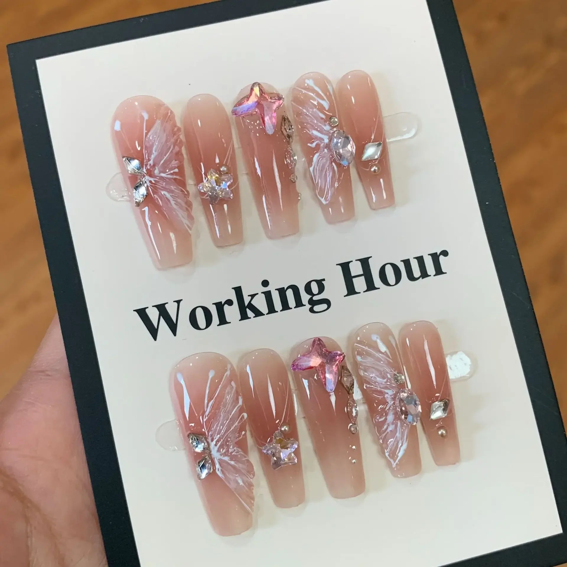 Ingvn  10Pcs Handmade Press on Nails Long Ballet Blue Fake Nails with 3D Ocean Moon Rhinestone Design False Nails Full Cover Nail Tips
