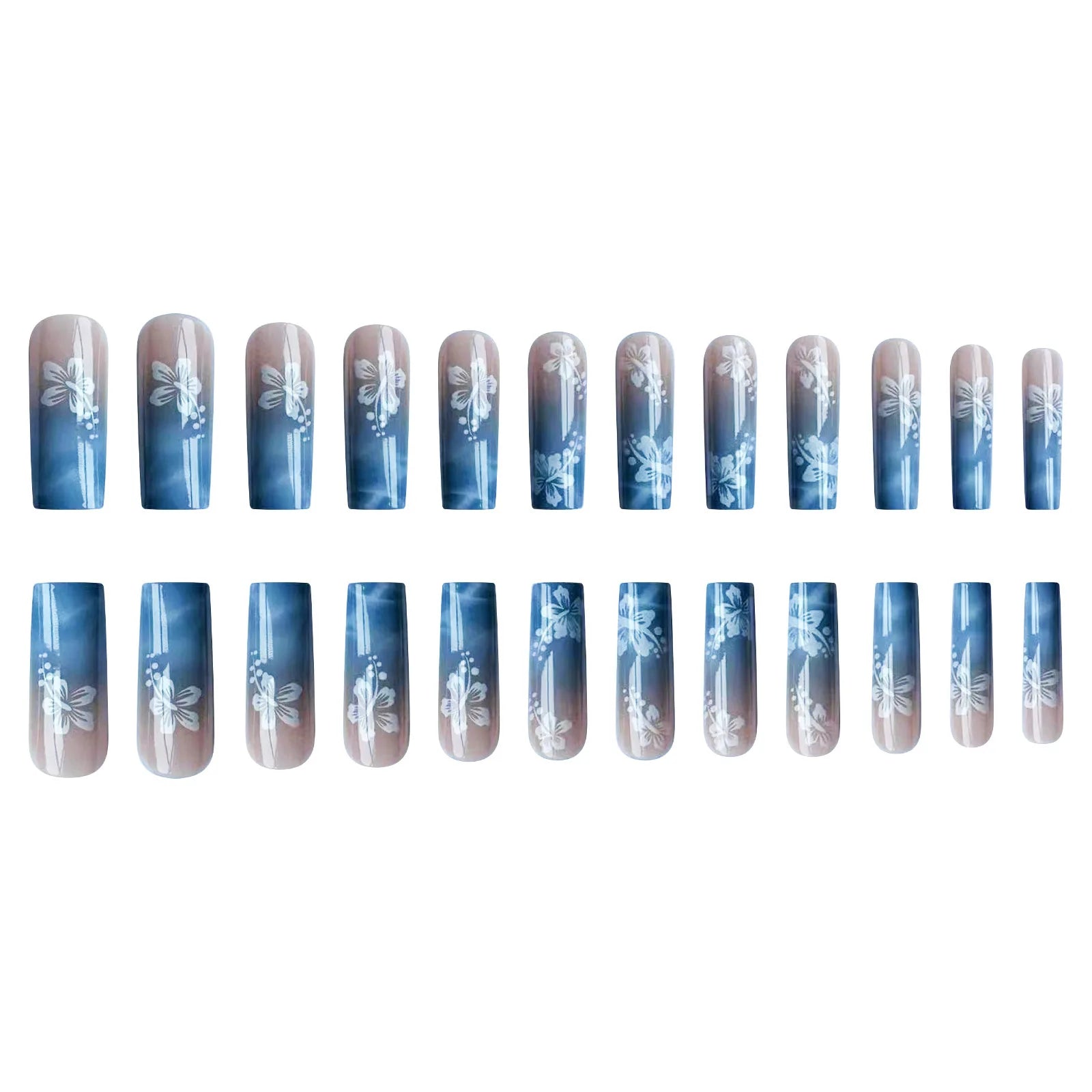 24pcs Y2k Summer Sea Blue Gradient Fake Nails With Water Ripples Designs Long Square Coffin False Nails Set Press On Nail Tips