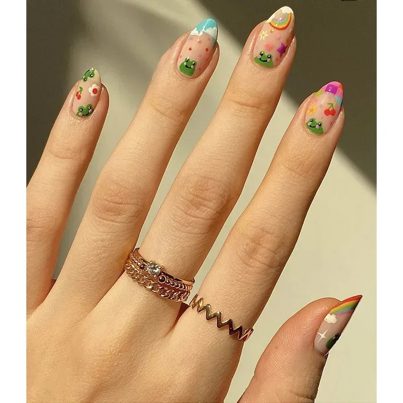 Ingvn  24Pcs Simple Green French False Nails Short Almond Fake Nails with Wave Line Design Wearable Round Head Press on Nail Tips