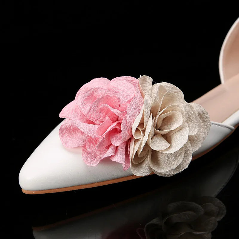 Ingvn  Sweet Flowers Mixed-colors Women Flats Pumps Spring Summer Fashion Satin White Low Heeled Elegant Pointed Toe Ladies Dress Shoes