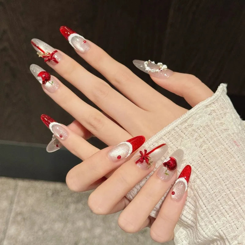 Ingvn  10pcs Christmas Finger Nails Press on With Tools Red Cat Eye French False Nails Aesthetic 3D Bow Long Almond Fake Press on Nails