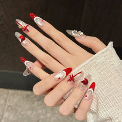 Ingvn  10pcs Christmas Finger Nails Press on With Tools Red Cat Eye French False Nails Aesthetic 3D Bow Long Almond Fake Press on Nails