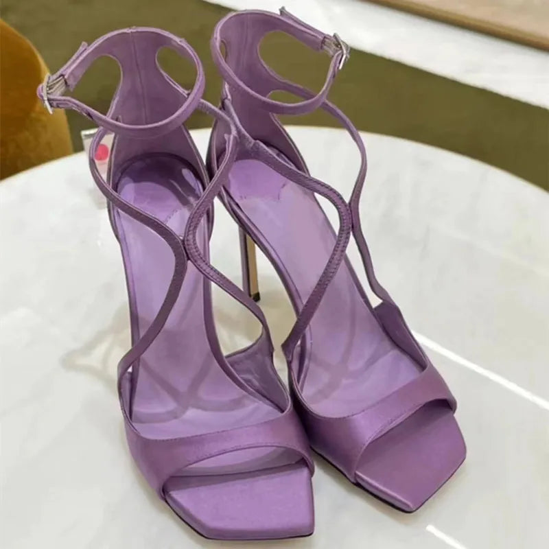 Ingvn  Star Style Purple Satin Women Sandals Sexy Narrow Band Ankle Strap Stiletto High Heels Gladiator Sandalias Summer Banquet Shoes