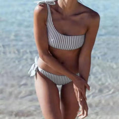 Ingvn  Summer Sexy Bow One Shoulder Striped Bikini Lacing Up Bandage Low Waist Swimsuit Set Two Piece Swimwear Beachwear
