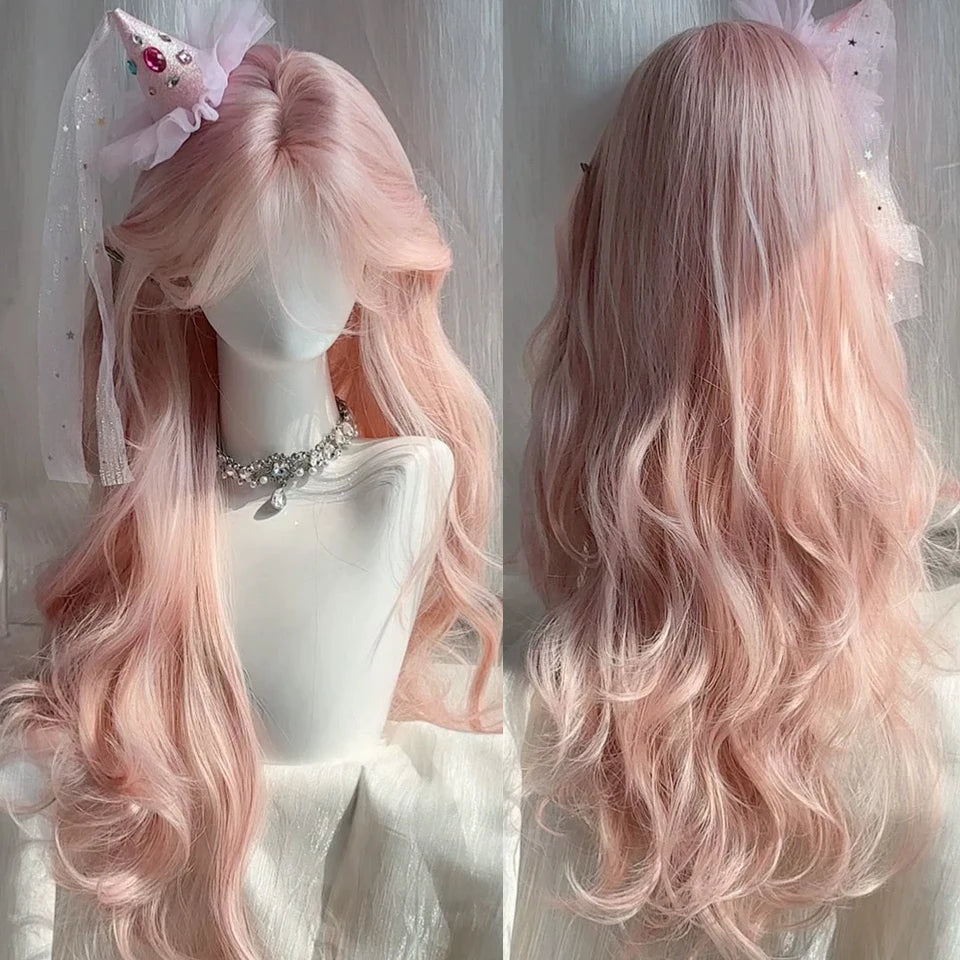 Ingvn  ﻿Long Wavy Ombre Pink Lolita Wig Synthetic Natural Cosplay Small Area Lace Wig Halloween Party Costume Wig for Women Daily Wear