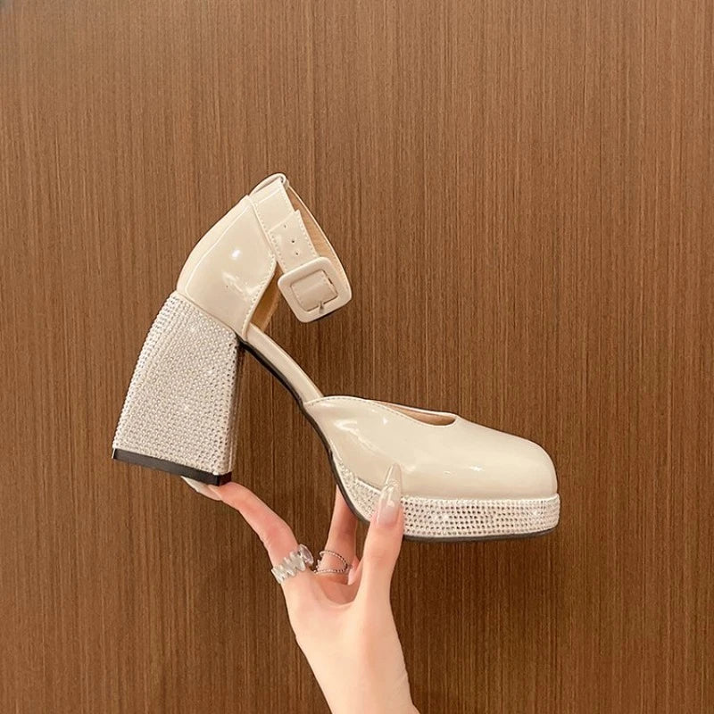 Ingvn  Plus size women's shoes new sexy round toe shallow mouth one-word buckle diamond thick heel shoes