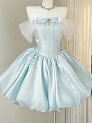 Ingvn  Elegant Sweet Socialite Princess Blue Birthday Party Dress Off-shoulder Bow Mesh High-waist Puffy Short Dress Women Summer