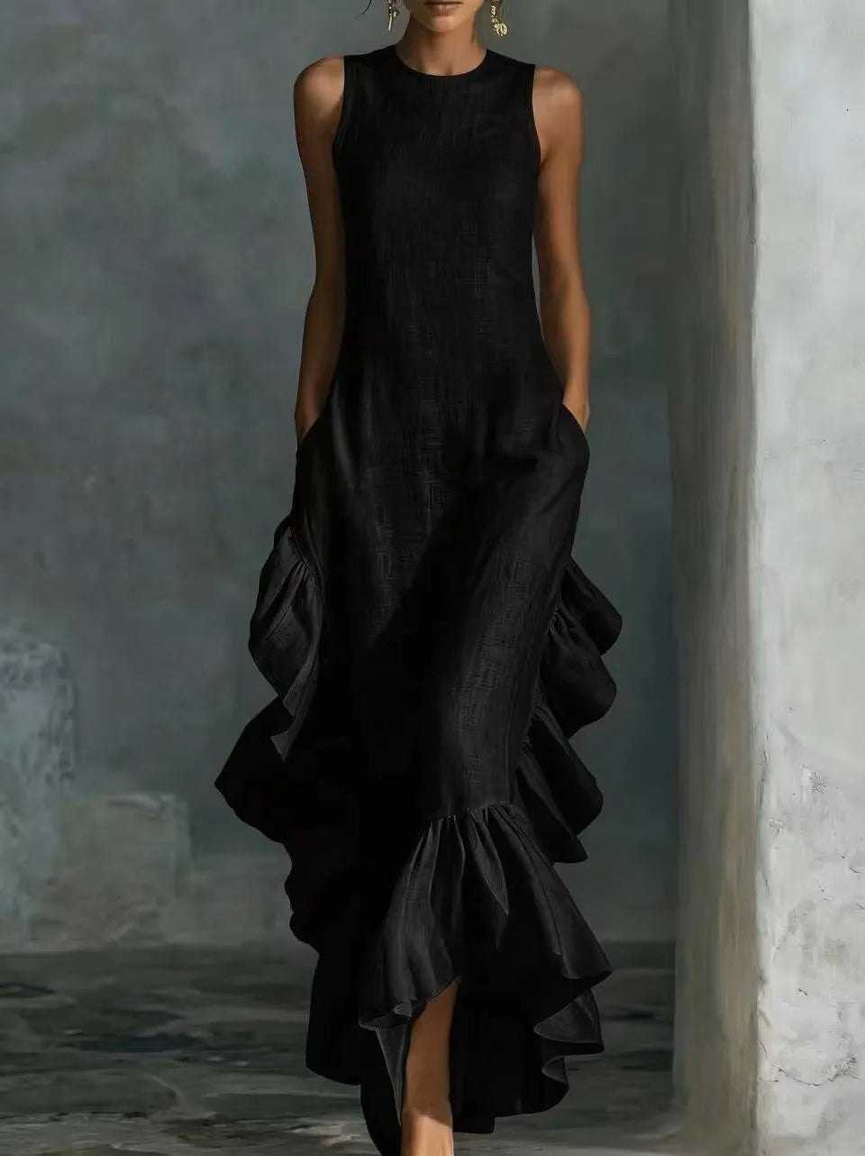 Ingvn  Solid Color Sleeveless Long Dress Women Fashion O Neck Loose Maxi Dress Summer Ruffle Trim Tank Boho Beach Dress Sundress