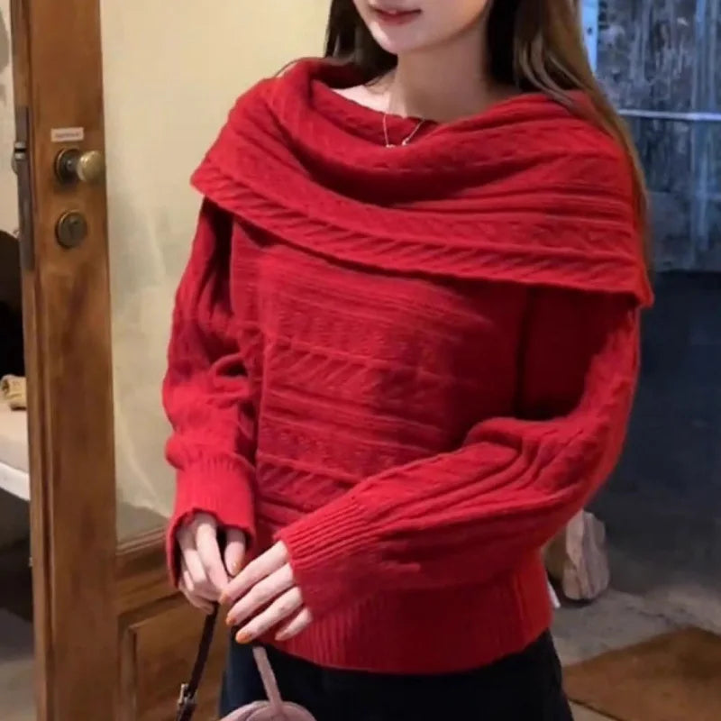 Ingvn - Autumn/Winter Fashion New Korean Warm Thick Design Sweater Single Shoulder Knitted Sweater Elegant Loose Hoodie  Jumper