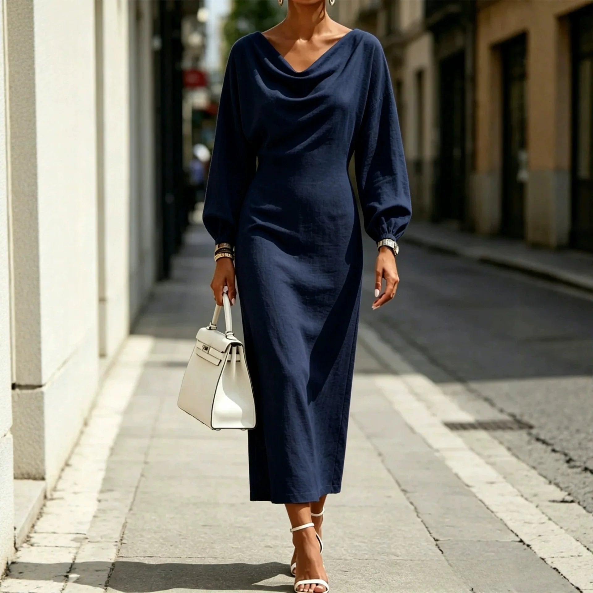 Ingvn - Street Fashion Women's Slim Fit Dress Long Sleeve Daily Wear Summer Dress Gentle Style High Waist Batwing Sleeve