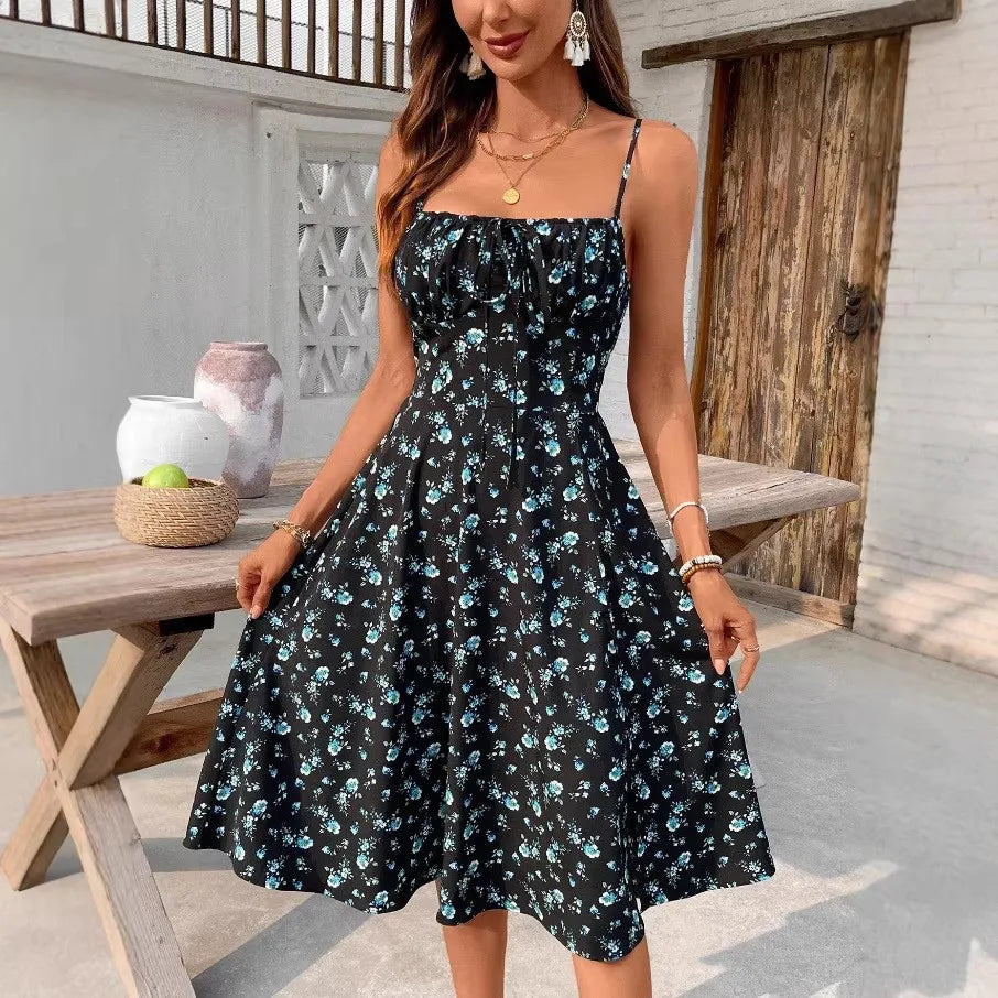 Ingvn  Spring Summer Women's Clothing Elegant Floral Print High Strap Dress For Polyester Slim Fit Midi