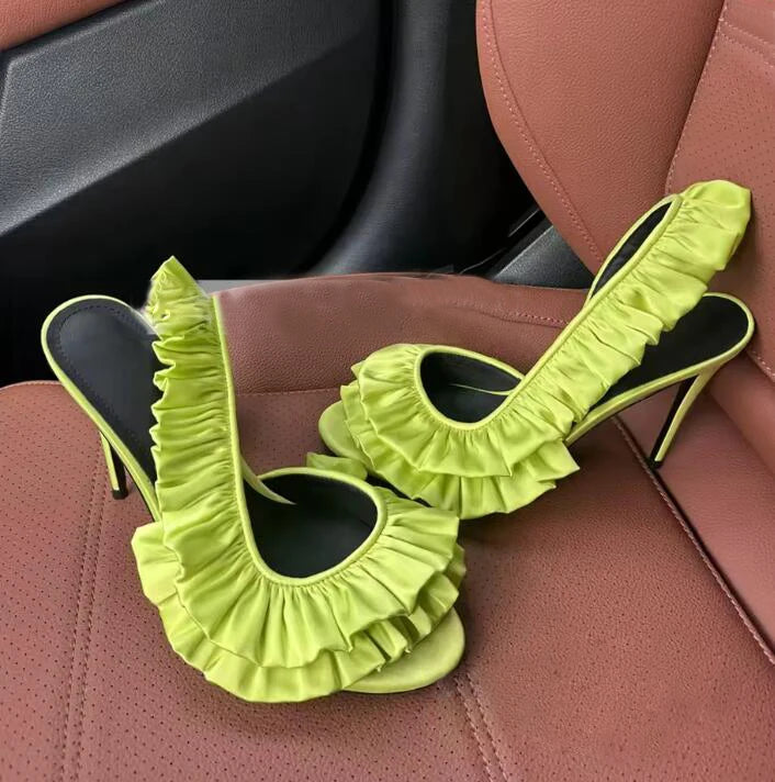 Ingvn - Neon Green Pink Silk Ruffle High Heel Sandals Women Open Toe 10cm Stiletto Heel Slip On Slingback Wedding Banquet Pumps Shoes