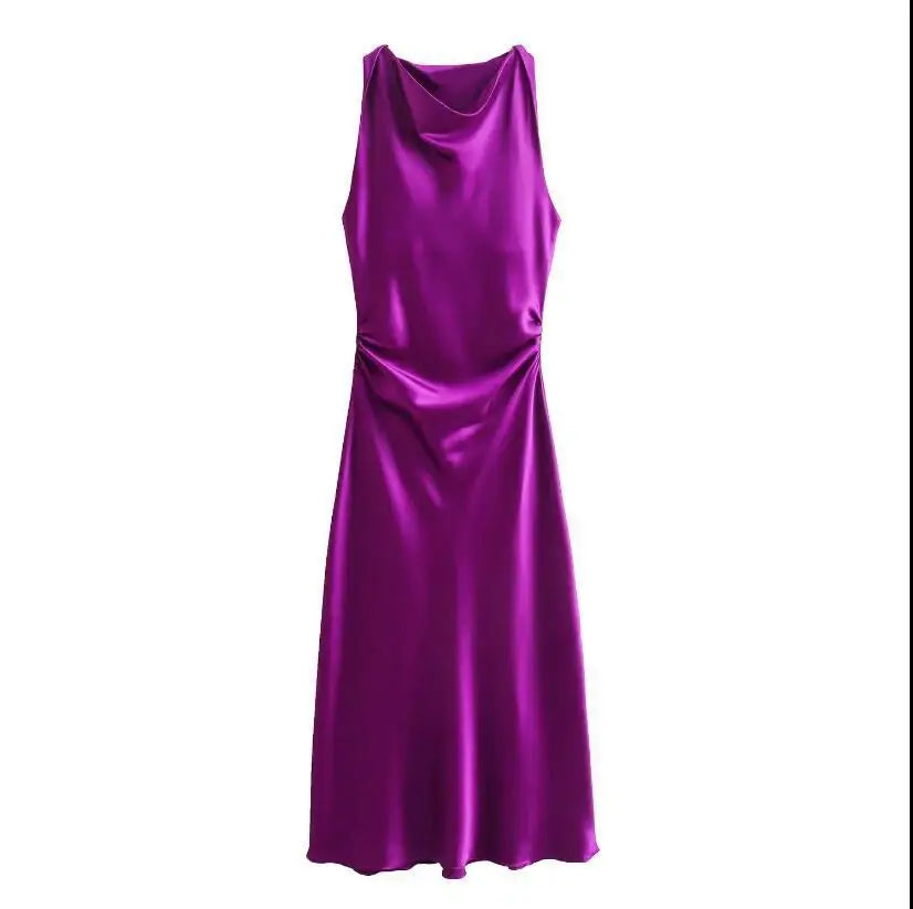 Ingvn  Autumn Satin Texture Sleeveless Midi Dress Round Neck Fashion Evening Dress