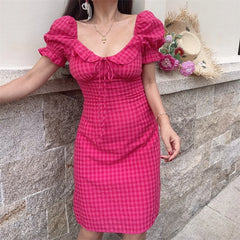 Ingvn  Vacation Floral Print Dress Women's Retro Style Spring Summer Short Sleeve Square Collar Puffy Sleeve Slimming A-Line Dress