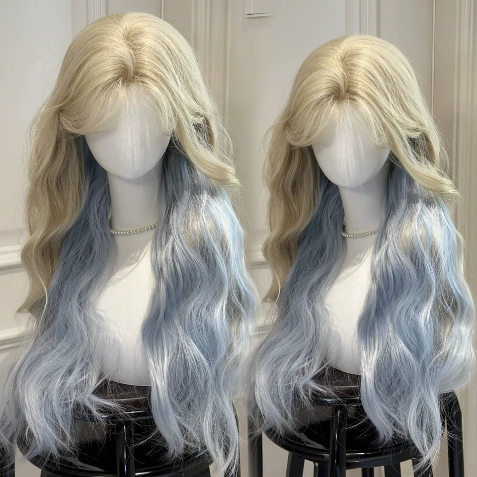 Ingvn  Long Wavy Pink Wig with Bangs Synthetic Cosplay Natural Lolita Purple Green Wig Halloween Costume Wig for Women Daily Wear