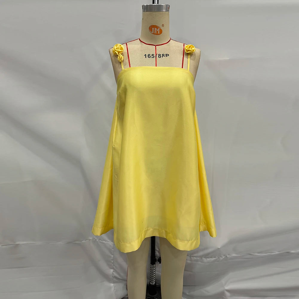 Ingvn  Solid Spliced Appliques Loose Dresses for Women Square Neck Sleeveless High Waist Temperament Dress Female