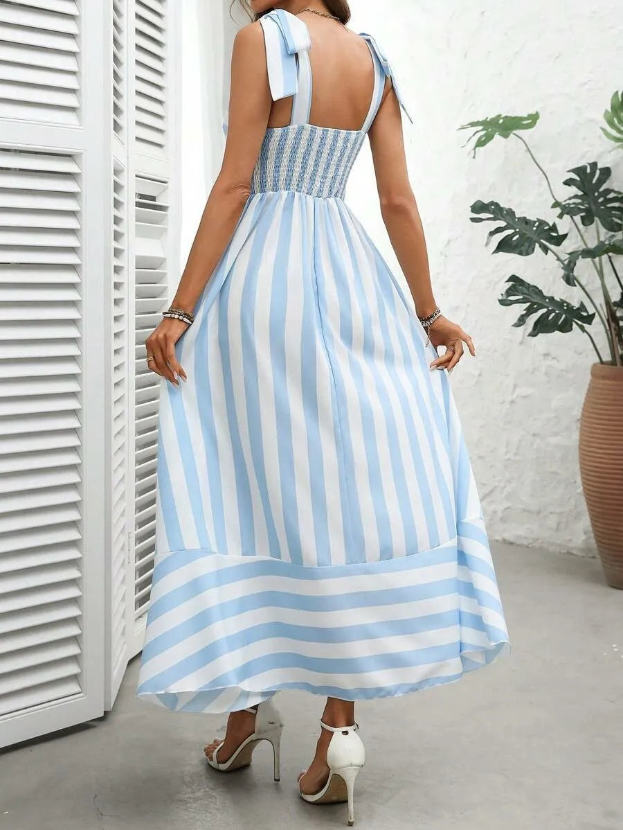 Ingvn  Summer Spring Women's Clothing Striped Strap High Waist A Line Dress Polyester V Neck Sleeveless Slim Fit S