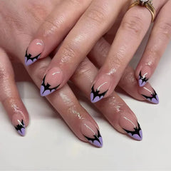 Ingvn  24Pcs Halloween False Nails with Almond Head Design Mid-length French Fake Nails Bat Wearable Oval Press on Nails Manicure Tools