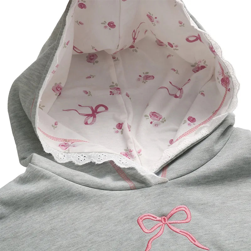 Ingvn - Women Sweet Hoodie Bow Embroidery Lace Trim Splice Long Sleeve Loose Casual Pullover Sweatshirt