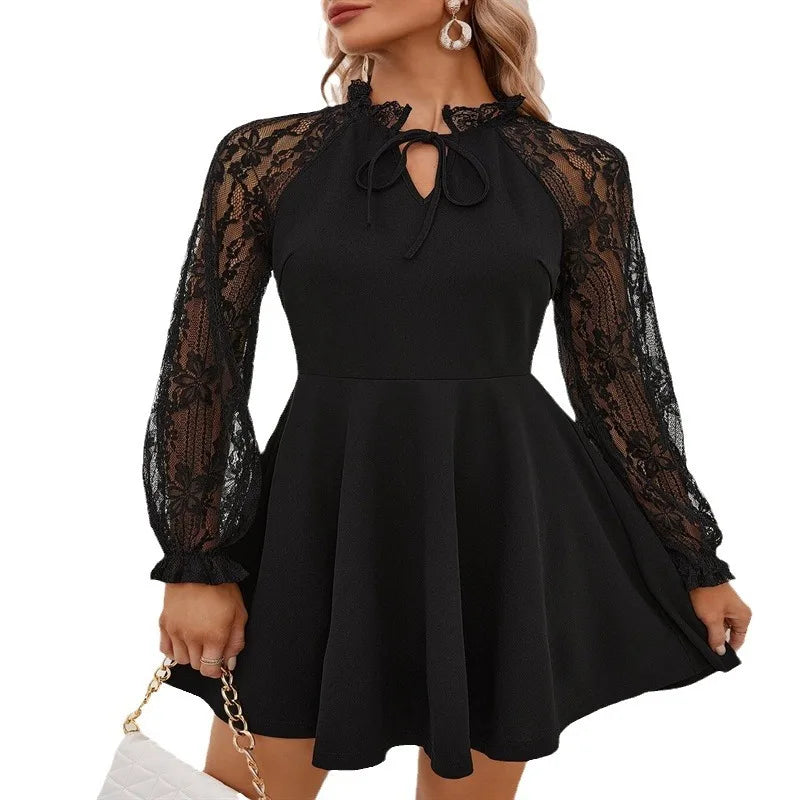 Ingvn  European American Autumn Winter New Elegant Women's Solid Color French Contrast Lace Long-sleeved Dress
