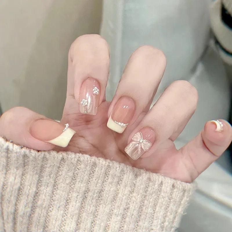 Ingvn  24pcs 3D Flower Bow Fake Nails French Nail Art Square Medium Short False Nails for Gluing Cheap sweet Press on Nails Wholesale