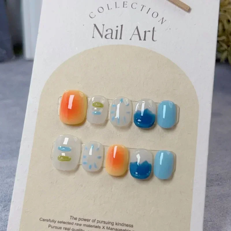 Ingvn  10pcs Handmade Summer Blue Press on Nails Glitter Design Short Round False Nails Aesthetic Finger Nails Set Short Nail Tips Art