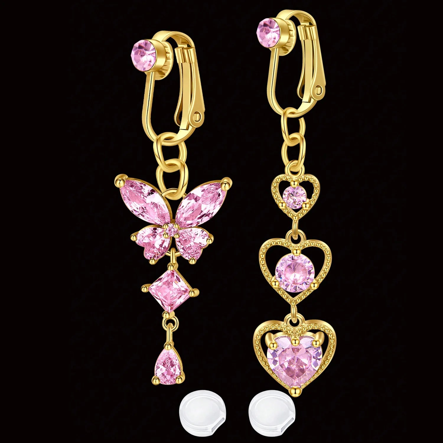 Ingvn  2 Pcs Elegant Clip-On Fake Belly Button Rings for Women - 304 Stainless Steel, Heart, Butterfly & More Designs, Ideal Gift