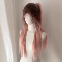Ingvn  ﻿Long Wavy Ombre Pink Lolita Wig Synthetic Natural Cosplay Small Area Lace Wig Halloween Party Costume Wig for Women Daily Wear