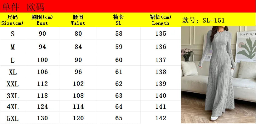 Ingvn - New Autumn And Winter Women's Slim Casual Fit Fashionable Women's Knitted Pit Stripe Solid Color Long Sleeved Round Neck Dress