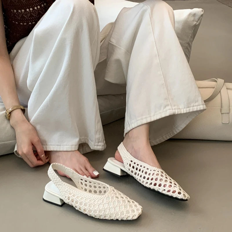 Ingvn  New Women Hollow Out Woven Mary Jane Low Heels Breathable Mesh Slip on Casual Summer Beach Women Shoes
