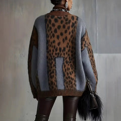 Ingvn  Fashion Patchwork Leopard Print Sweater for Women Spring Autumn Turtleneck Long Sleeve Loose Knit Warm Pullover Jumper
