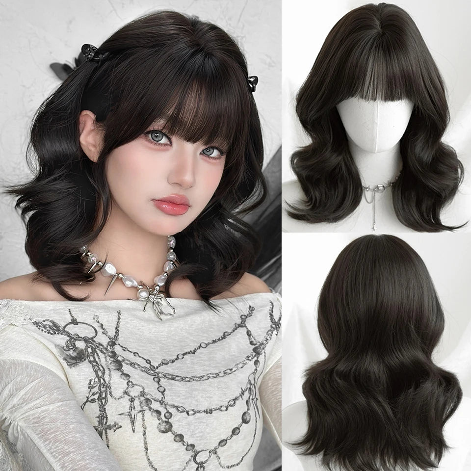 Ingvn  ﻿ Short Brown Straight Synthetic Wig with Bangs Curly Hair Pink Green Lolita Wigs for Women Daily Party Cosplay Christmas Wig