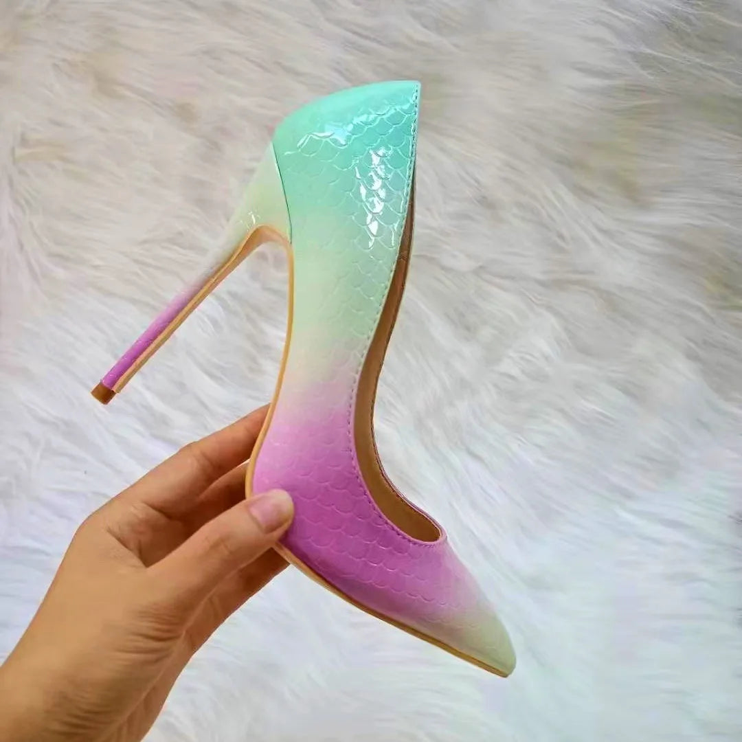 Ingvn - Mint green purple Gradient Pumps Python Patent Thin High Heel Slip On Pointed Toe Party Shoes Woman Low Cut Pumps