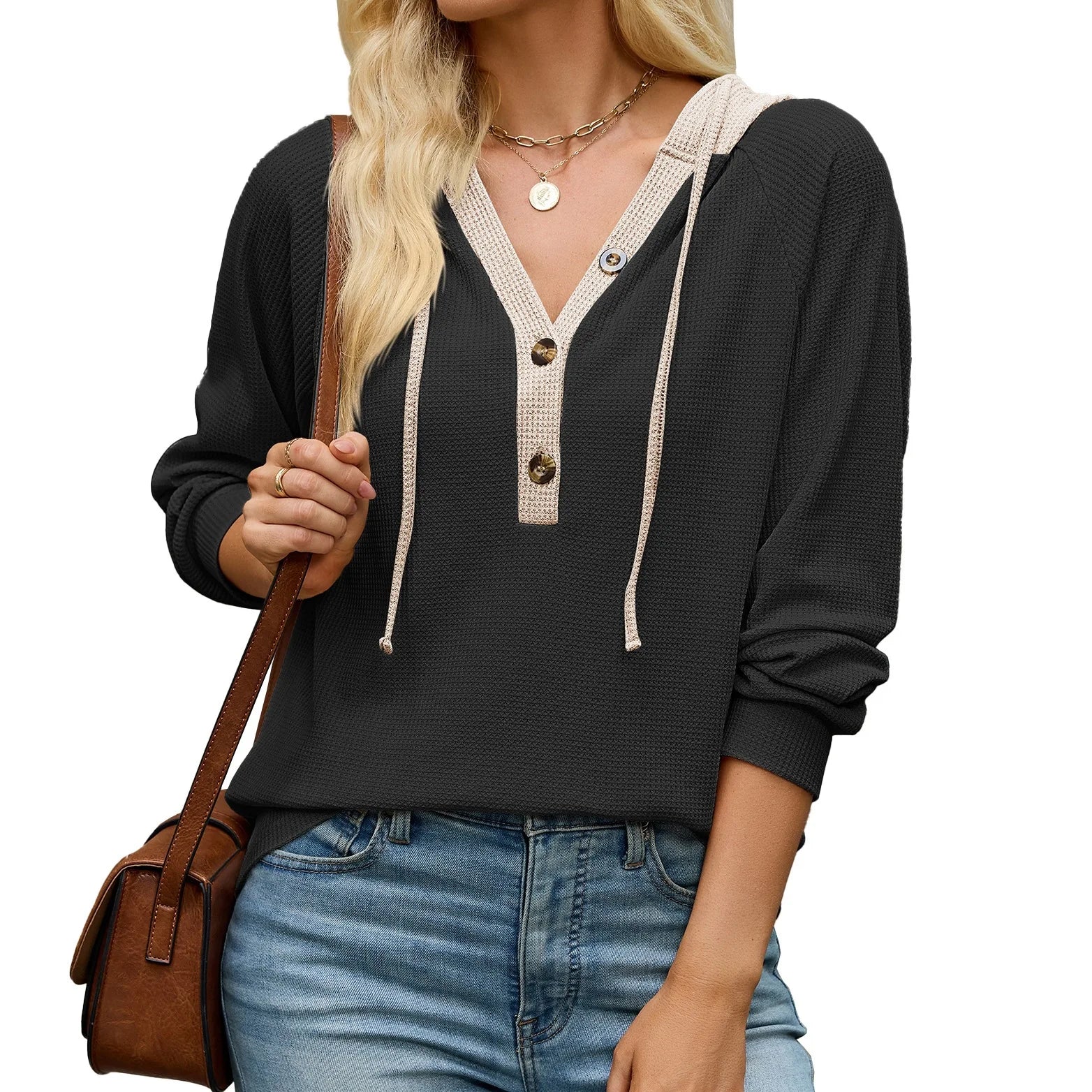Ingvn  autumn/winter new solid color hooded button loose long sleeved hoodie for women Long-sleeved Sweatshirt for Women