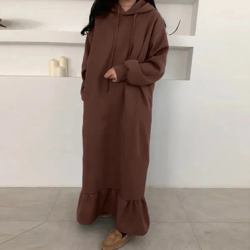 Ingvn  New Women's Autumn and Winter New Style Fleece Hooded Base Sweater Dress Ladies Casual Straight Pocket Loose Hooded Long Dress