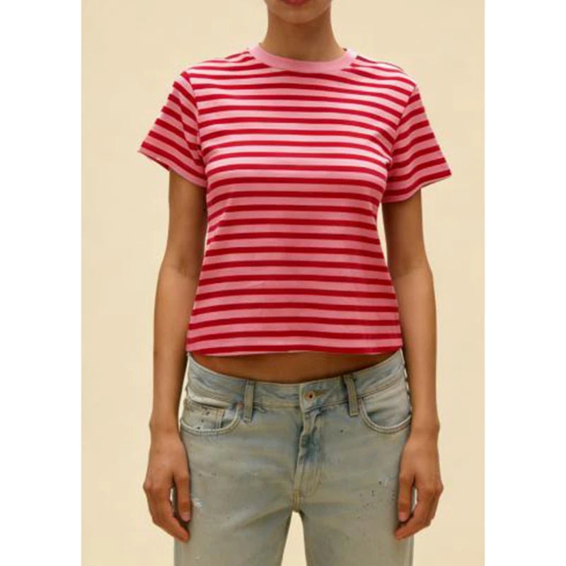 Ingvn  Women's Aesthetic Striped Print Crew Neck Baby Tee Y2k Cute Graphic Short Sleeve Slim Fitted Going Out Crop Top Shirt